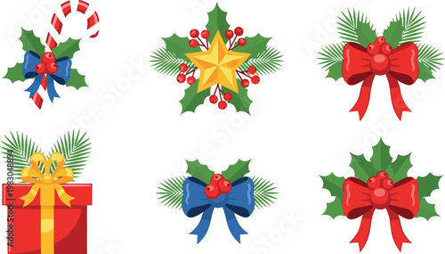 Christmas Ornament Set with Festive Holly Berries Candy Cane Gold Star Gift Box and Decorative Ribbon Bows for Holiday Greetings Invitations and Seasonal Graphic Designs