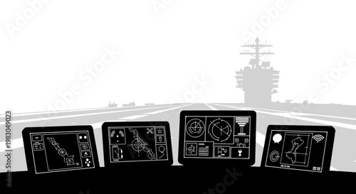 Cockpit View: Aircraft Carrier Flight Deck with Digital Displays and Aircraft Silhouetted