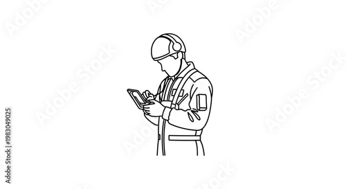 Construction worker in hard hat using tablet on site, communication headset, safety gear