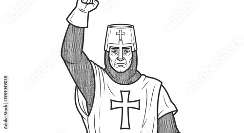 Crusader Knight Raising Fist in Victory, Medieval Warrior with Cross Symbol