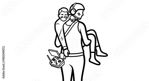 Drone pilot carrying injured person, rescue operation, remote control in hand