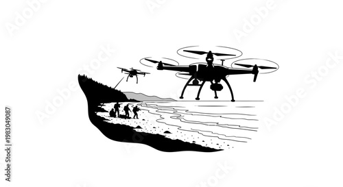 Drone surveying remote terrain with explorers, aerial photography, technology in nature
