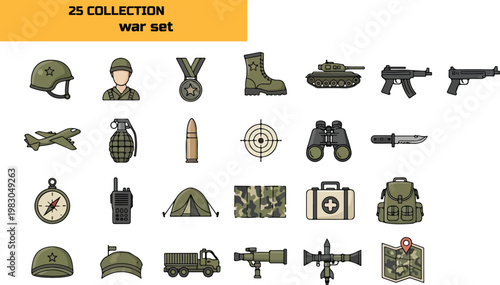 Set of twenty five military icons featuring weapons, gear, and army equipment in flat design.