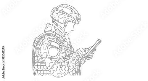 Soldier using tablet computer in camouflage uniform, modern warfare technology concept