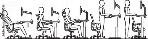 A detailed illustration showcases the proper ergonomic posture for working at a computer, highlighting sitting and standing positions with an elevated workstation. 