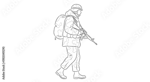 Soldier Walking with Rifle and Backpack, Military Camouflage, Winter Gear