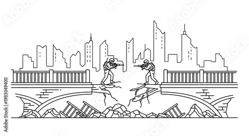 Soldiers on broken bridge overlooking destroyed city skyline, war aftermath concept