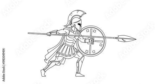 Spartan Warrior with Spear and Shield, Ancient Greek Soldier, Line Art