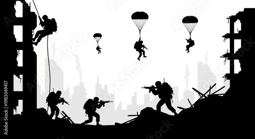 Special Forces Elite Soldiers Rappelling and Parachuting into War-Torn City Ruins