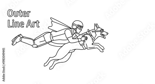 Superhero astronaut riding a dog through the sky, outer line art