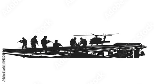 Special Forces Soldiers and Helicopter on Aircraft Carrier Deck - Military Operation Silhouette