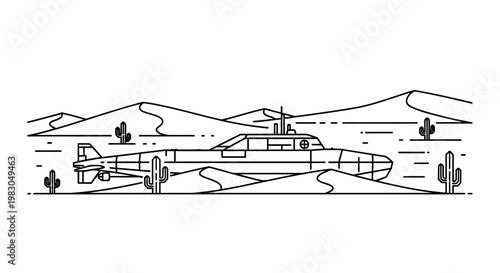 Surreal desert landscape with a submarine and cacti, minimalist line art illustration