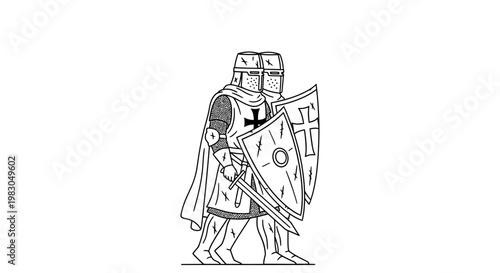 Two Templar Knights in Armor with Swords and Shields, Medieval Warriors