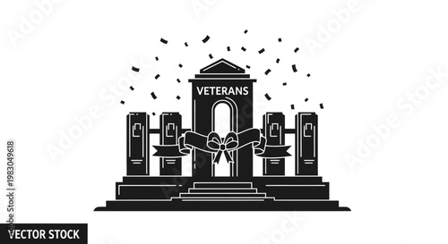 Veterans Memorial Monument with Ribbon and Confetti, Vector Illustration