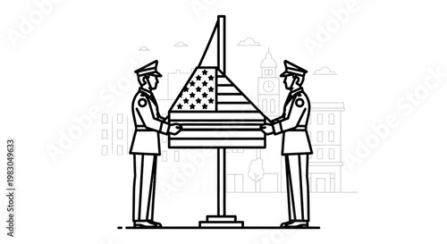 Veterans Raising American Flag on Pole, Military Honor Ceremony, Line Art