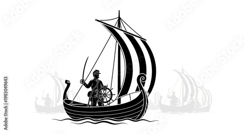 Viking Ship Sailing with Warrior at Helm, Ancient Nordic Longboat, Historical Maritime Adventure