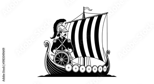 Viking Ship Captain with Helmet Steering Wheel, Black and White Illustration