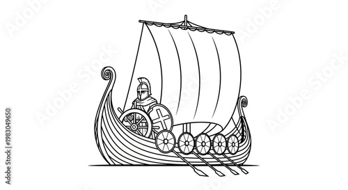 Viking Ship with Warrior and Shields, Ancient Nordic Longboat Illustration