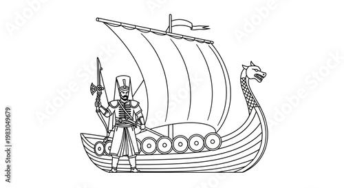 Viking Ship with Warrior Illustration
