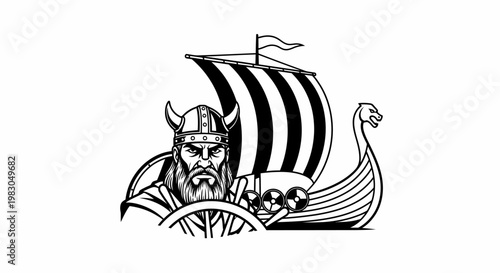 Viking Warrior Steering Longship with Shield and Axe, Black and White Illustration