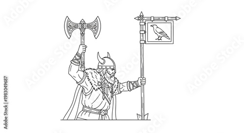Viking Warrior with Axe and Raven Banner