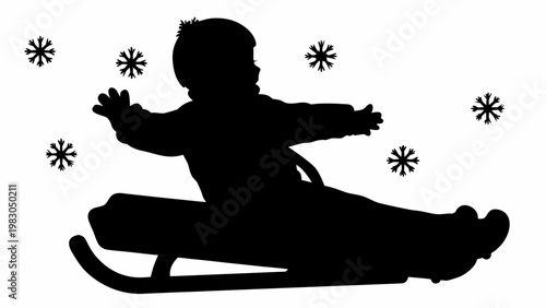 Joyful silhouette of a young child with arms outstretched happily riding a wooden sled downhill through gentle snowfall conveying winter fun and childhood innocence