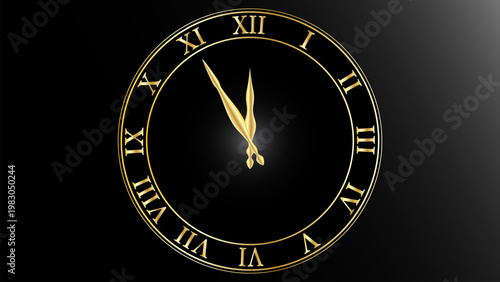 Elegant golden roman numeral clock face with gold hands isolated on black background.