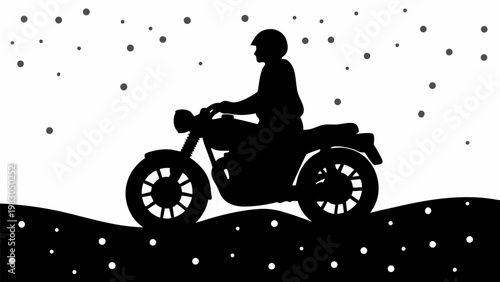 Lone motorcyclist silhouette rides a vintage motorcycle on a snowy winter road braving harsh weather conditions with falling snowflakes creating a dramatic and atmospheric scene