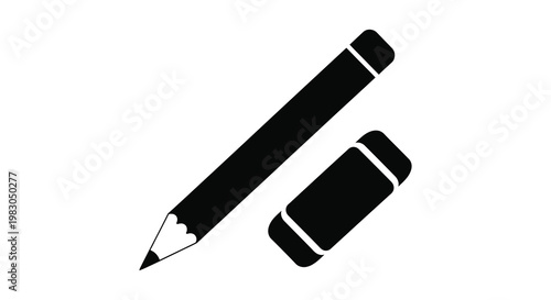 Simple black silhouettes of a pencil and eraser on a white background silhouette