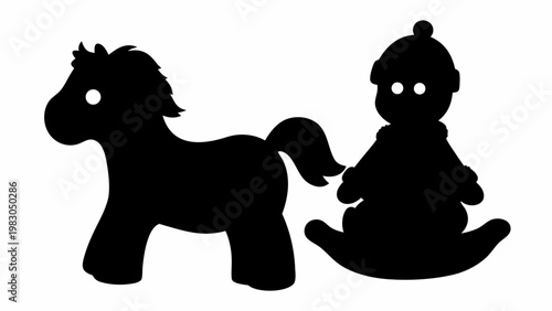 Joyful child silhouette riding a rocking toy horse with a winter hat and warm clothing symbolizing childhood innocence and winter play against a clean white background