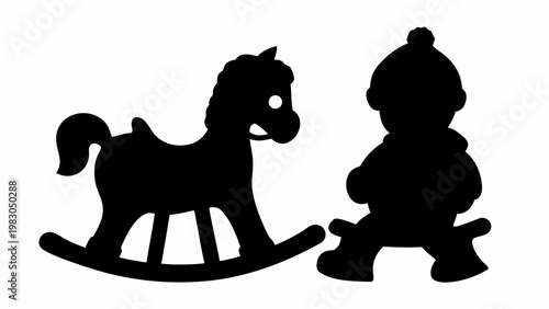 Silhouette of a child wearing a winter hat sitting on a rocking horse toy with a snowfall effect evoking childhood joy and winter wonder isolated on a white background vector