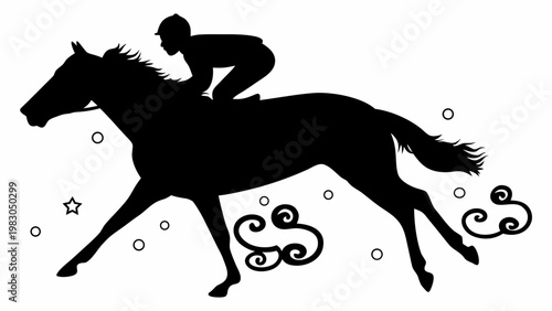 Dynamic silhouette of a jockey on a galloping horse during a snowstorm conveying speed motion and the thrill of equestrian sport against a stylized abstract winter background