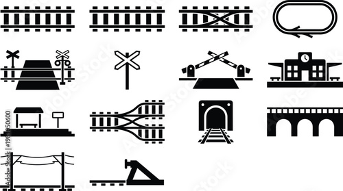 Railway icons set including tracks, Signs, And stations on white background