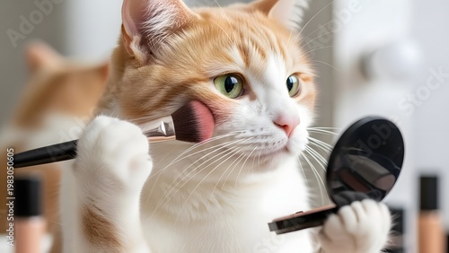 Playful ginger cat humorously applies blush with a makeup brush, mimicking a beauty routine