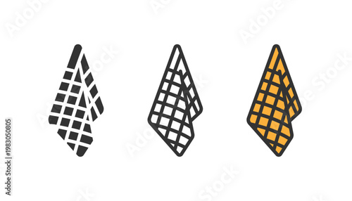 Hanging checkered towel icon set. towel, cloth, kitchen towel, tea towel, dishcloth, cleaning, fabric, check pattern. line, flat and colored vector icon set.