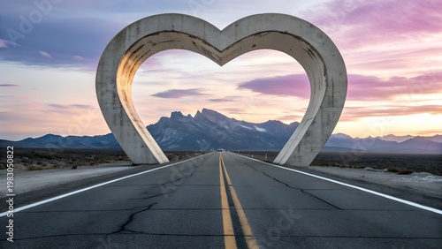 Heart-shaped road archway with mountain backdrop, sunset, landscape, love