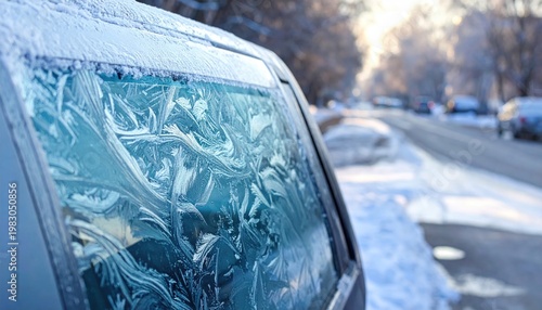Frosted car window with intricate patterns on a snowy, sunny day