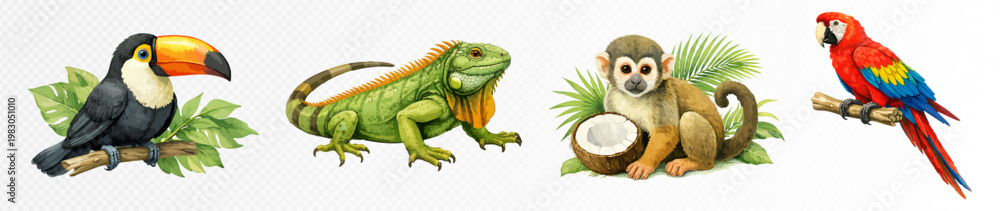 Naklejka premium Tropical watercolor animal collection with toucan, iguana, monkey and parrot, exotic jungle illustrations with lush green leaves for children design, nursery decor, stickers and educational prints