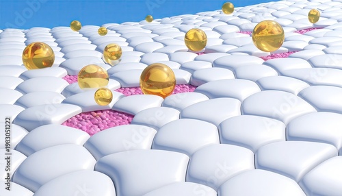 3D rendered surface with gold spheres and pink cells