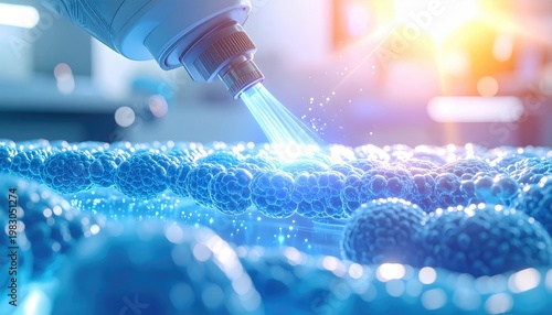 Close-up of medical device emitting a blue laser on a cellular structure