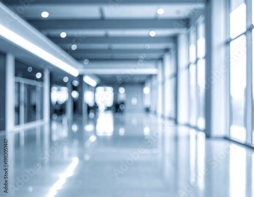 Blurred perspective of a modern, open hallway with large windows