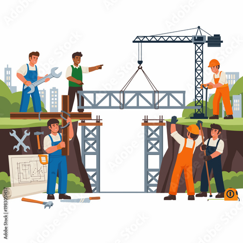 Diverse construction workers collaborate to build a bridge, lifting a metal truss structure with