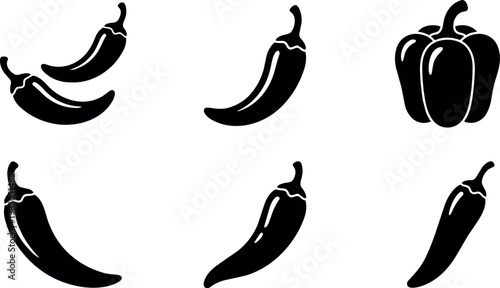Black silhouette chili pepper and bell pepper vector icons set