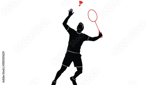 A dynamic depiction of a badminton player in mid serve with a shuttlecock in flight presented as a striking silhouette high quality professional detailed