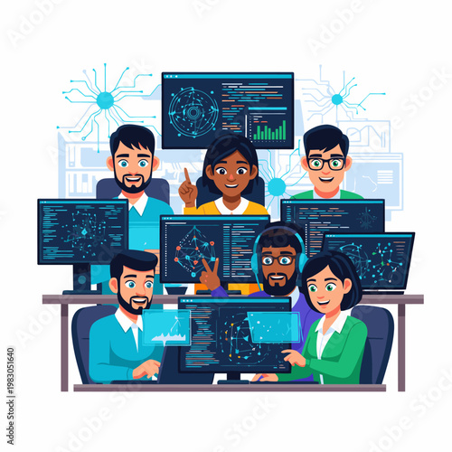 Diverse team of skilled software developers collaborating on complex coding projects, analyzing data