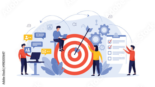 Integrated team works towards a central business target using complex systems, gear mechanisms, and task checklists.