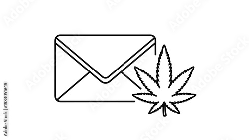 Minimalist outline of a postal envelope next to a cannabis leaf to represent mail-order medical or legal marijuana services.