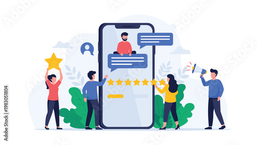 Diverse team of professionals giving five star ratings and feedback to improve mobile application service quality for better user experience.