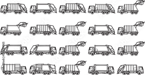 Line art illustration of a fleet of sanitation trucks meticulously arranged, ready to tackle the city's waste disposal, showcasing their robust design and operational readiness.