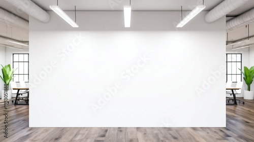 Wall mockup painted in clean white stands prominently in a bright modern office space, featuring wooden floors and blurred workstation furniture in the background.